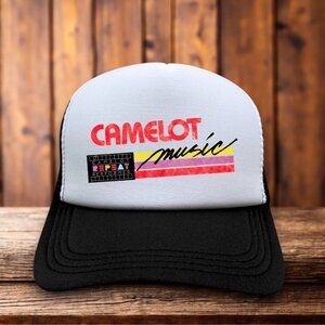 Defunct Camelot Music Mens Trucker Hat Black Snapback 1956 Logo Baseball Cap